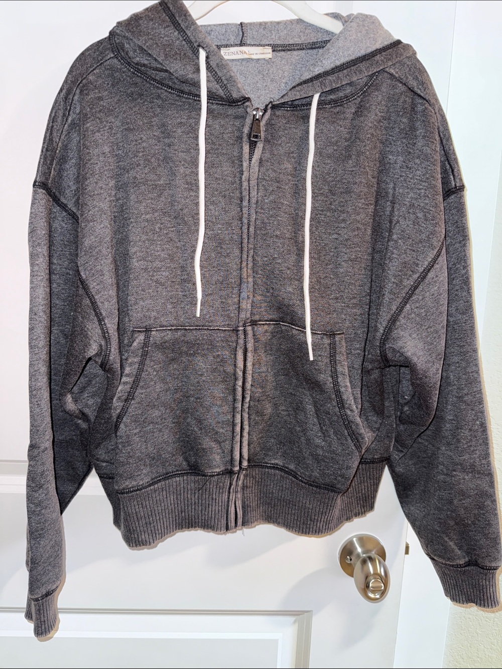 Zenana Outfitters Charcoal Zip-Up Hoodie with White Drawstrings